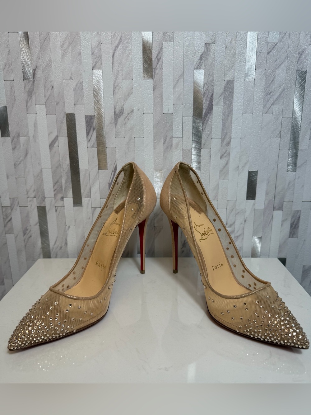 💎Christian Louboutin Nude Follies Strass Suede Rhinestones Heels 100 Size 39 - Picture 9 of 15